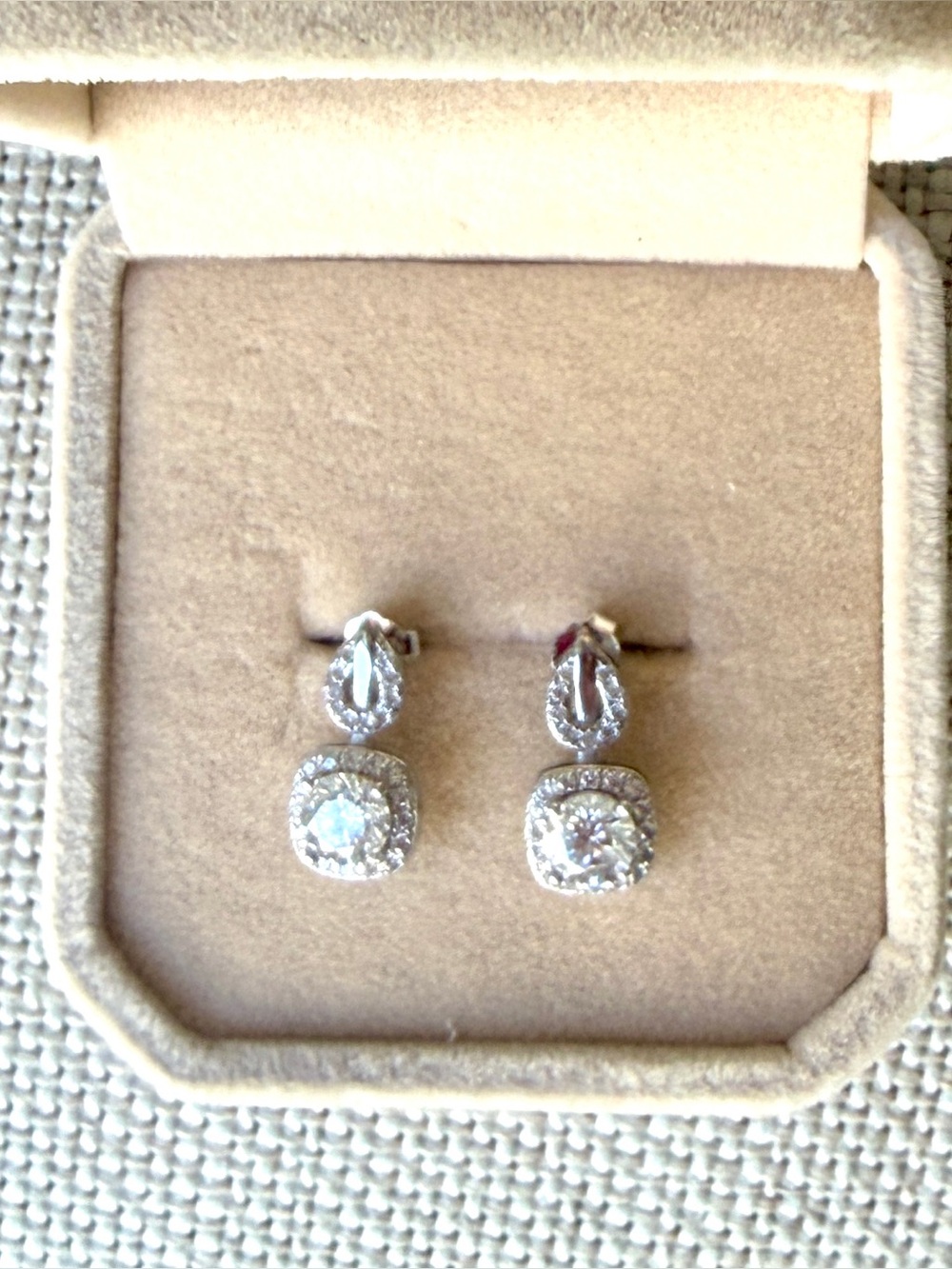 Round Cut Moissanite Earrings with Halo and Teardrop Sterling Silver Setting
